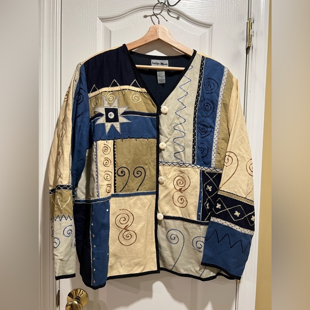 Indigo Moon Embroidered Shirt Womens 1X Tan Blue Mirrored Swirls Linen Blend